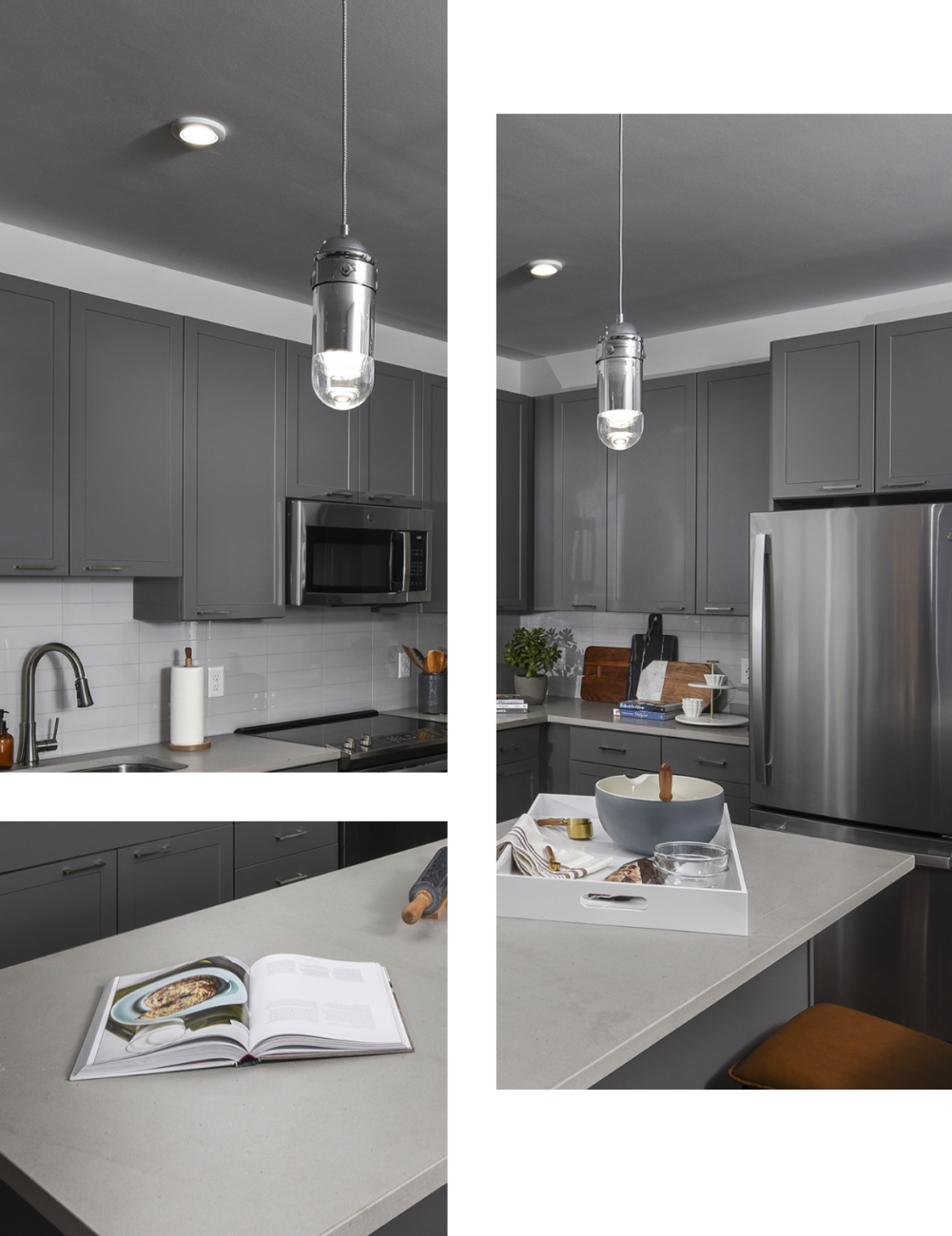 Kitchen with modern lighting at our new apartments in Baltimore, MD.