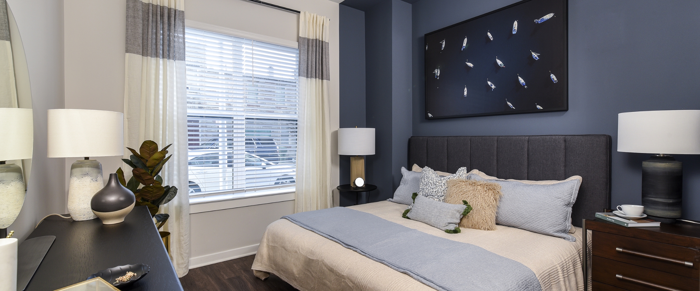 Modern bedroom at our luxury apartments in Baltimore.